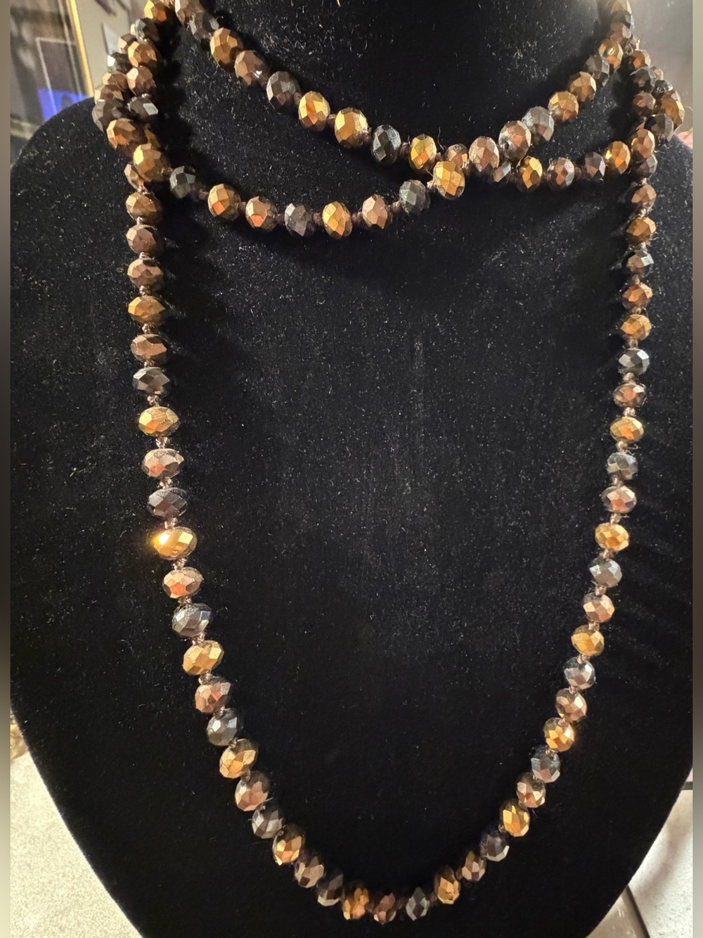 Faceted Metallic Brown Bead Long Necklace